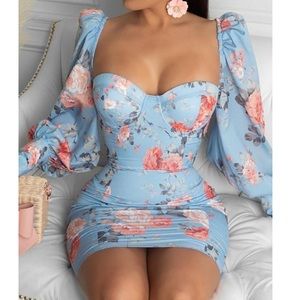 floral print puff lantern bodycon mini dress